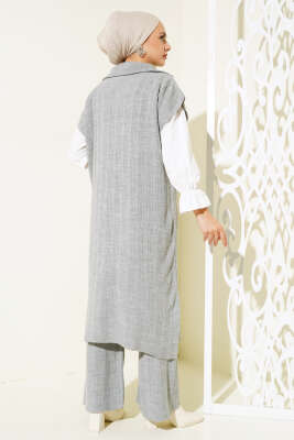 Fitilli Yakası Yarım Fermuarlı Triko Takım Gri - Thumbnail