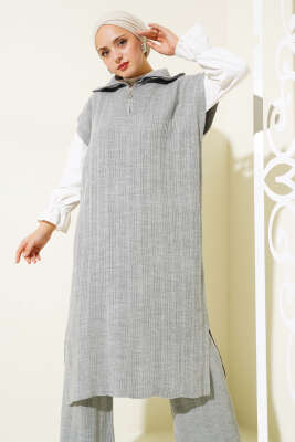 Fitilli Yakası Yarım Fermuarlı Triko Takım Gri - Thumbnail