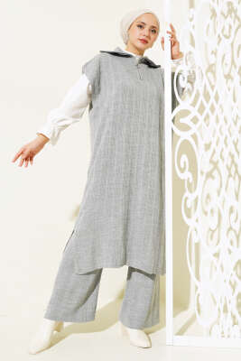 Fitilli Yakası Yarım Fermuarlı Triko Takım Gri - Thumbnail