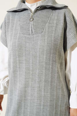 Fitilli Yakası Yarım Fermuarlı Triko Takım Gri - Thumbnail