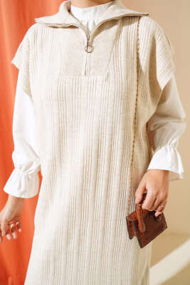 Fitilli Yakası Yarım Fermuarlı Triko Takım Bej - Thumbnail