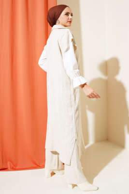 Fitilli Yakası Yarım Fermuarlı Triko Takım Bej - Thumbnail