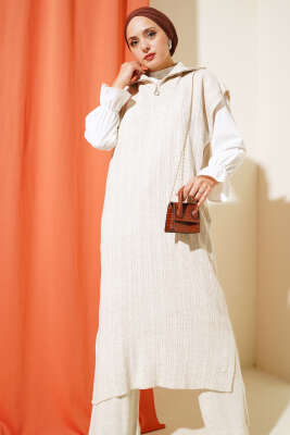 Fitilli Yakası Yarım Fermuarlı Triko Takım Bej - Thumbnail