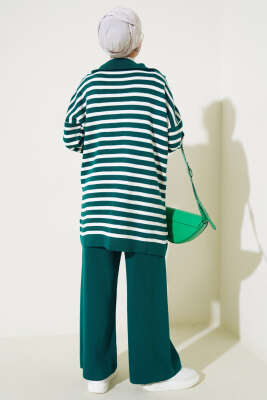 Yakası Fermuarlı Çizgili Triko İkili Takım Nefti - Thumbnail