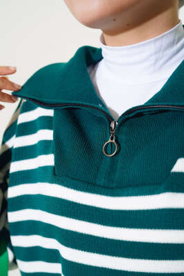 Yakası Fermuarlı Çizgili Triko İkili Takım Nefti - Thumbnail