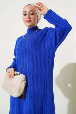 Fitilli Dik Yaka Uzun Tunik Triko İkili Takım Saks - Thumbnail