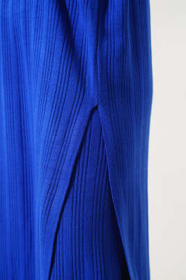 Fitilli Dik Yaka Uzun Tunik Triko İkili Takım Saks - Thumbnail