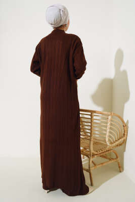 Fitilli Dik Yaka Uzun Tunik Triko İkili Takım Kahve - Thumbnail