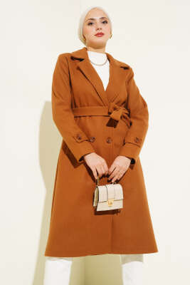 Pazarium - Kruvaze Yaka İki Düğmeli Kaşe Kaban Toprak