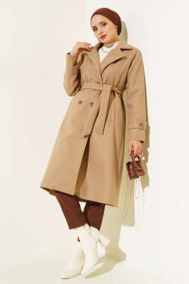 Kruvaze Yaka İki Düğmeli Kaşe Kaban Latte - Thumbnail