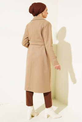 Kruvaze Yaka İki Düğmeli Kaşe Kaban Latte - Thumbnail