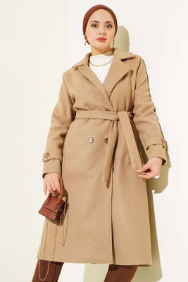 Kruvaze Yaka İki Düğmeli Kaşe Kaban Latte - Thumbnail