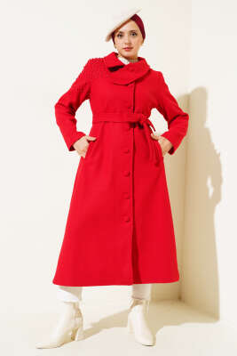 Pazarium - İnci Detaylı Kuşaklı Kaşe Kaban Kırmızı