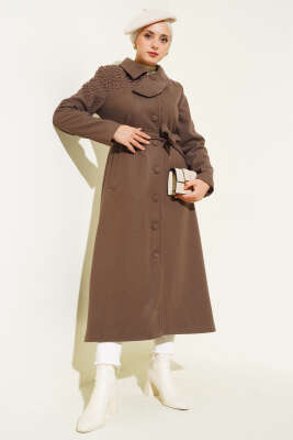 Pazarium - İnci Detaylı Kuşaklı Kaşe Kaban Kahve