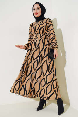 Pazarium - Kemerli Yarasa Kol Kemerli Elbise Camel