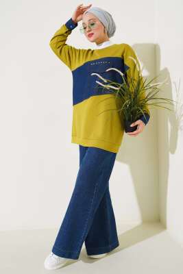 Kot Cep Detaylı Taşlı Tunik Yağ Yeşili - Thumbnail