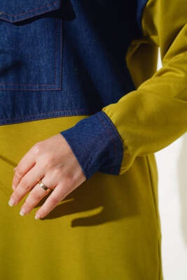 Kot Cep Detaylı Taşlı Tunik Yağ Yeşili - Thumbnail