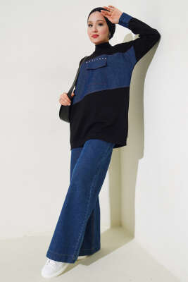 Kot Cep Detaylı Taşlı Tunik Siyah - Thumbnail