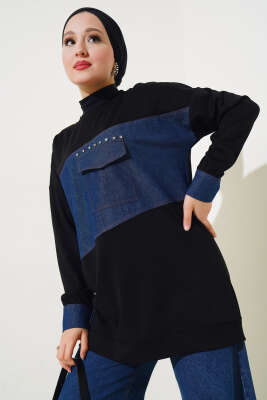 Kot Cep Detaylı Taşlı Tunik Siyah - Thumbnail