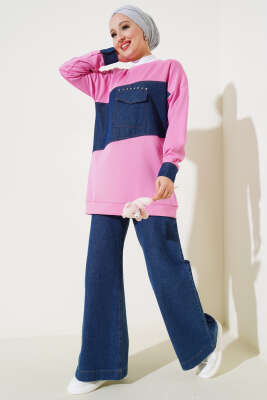 Kot Cep Detaylı Taşlı Tunik Pembe - Thumbnail