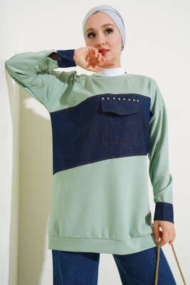 Kot Cep Detaylı Taşlı Tunik Mint - Thumbnail