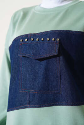 Kot Cep Detaylı Taşlı Tunik Mint - Thumbnail