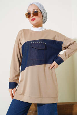 Kot Cep Detaylı Taşlı Tunik Latte - Thumbnail