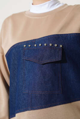 Kot Cep Detaylı Taşlı Tunik Latte - Thumbnail