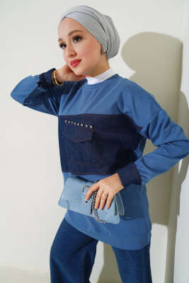 Kot Cep Detaylı Taşlı Tunik İndigo - Thumbnail