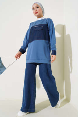 Kot Cep Detaylı Taşlı Tunik İndigo - Thumbnail