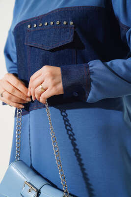 Kot Cep Detaylı Taşlı Tunik İndigo - Thumbnail