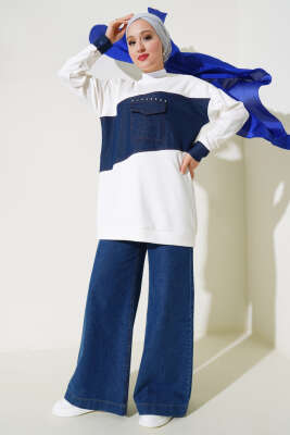 Kot Cep Detaylı Taşlı Tunik Ekru - Thumbnail