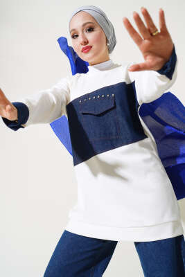 Kot Cep Detaylı Taşlı Tunik Ekru - Thumbnail