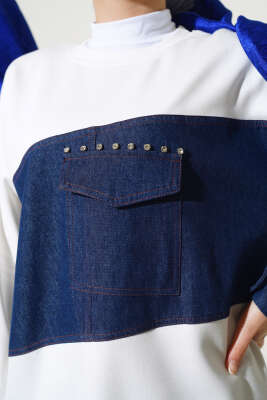 Kot Cep Detaylı Taşlı Tunik Ekru - Thumbnail