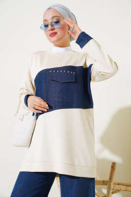 Kot Cep Detaylı Taşlı Tunik Bej - Thumbnail