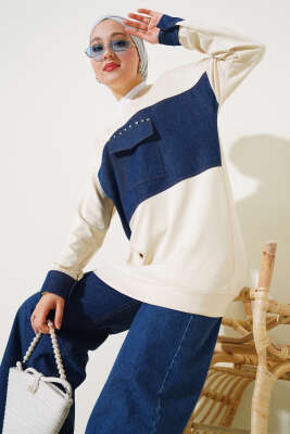 Kot Cep Detaylı Taşlı Tunik Bej - Thumbnail