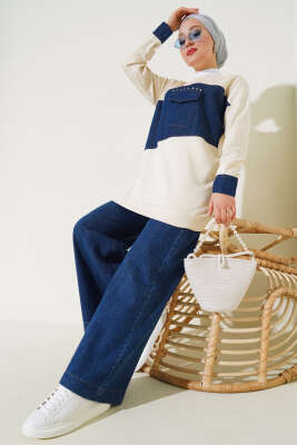 Kot Cep Detaylı Taşlı Tunik Bej - Thumbnail