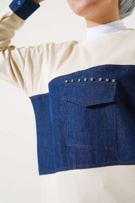 Kot Cep Detaylı Taşlı Tunik Bej - Thumbnail