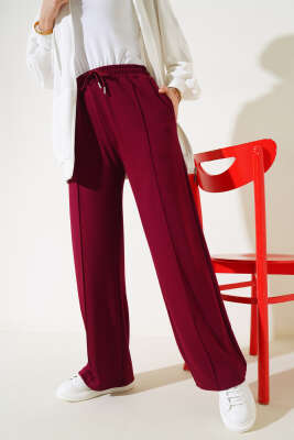 Pazarium - Loyşa Çımalı Geniş Paça Pantolon Bordo