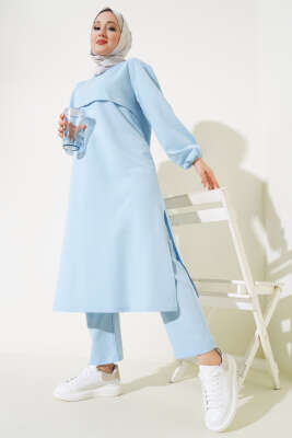 Pazarium - Yırtmaçlı Uzun İkili Takım Buz Mavisi