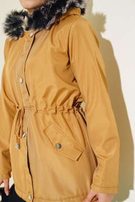 İçi Kürklü Kısa Mont Camel - Thumbnail