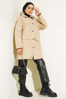 Pazarium - Gömlek Yaka Çıtçıtlı Kap Bej