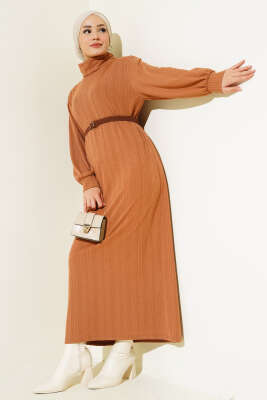 Pazarium - Kemerli Balıkçı Yaka Elbise Latte