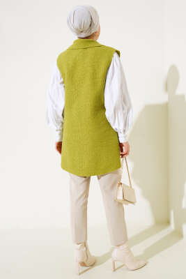 Kruvaze Yaka Düğmeli Buklet Yelek Yeşil - Thumbnail