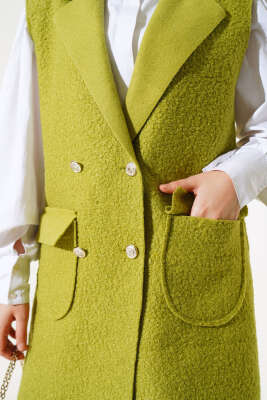 Kruvaze Yaka Düğmeli Buklet Yelek Yeşil - Thumbnail