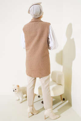 Kruvaze Yaka Düğmeli Buklet Yelek Vizon - Thumbnail