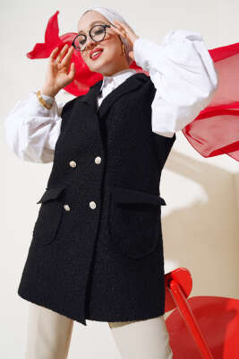 Kruvaze Yaka Düğmeli Buklet Yelek Siyah - Thumbnail