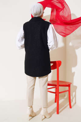 Kruvaze Yaka Düğmeli Buklet Yelek Siyah - Thumbnail