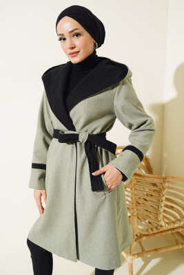 Pazarium - Kapüşonlu Kuşaklı Kaşe Kaban Mint