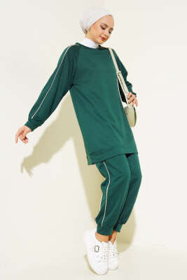 Pazarium - Şerit Detaylı İki İplik Tunik İkili Takım Zümrüt
